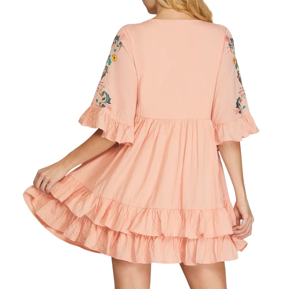 LIGHT ROSE FLORAL EMBROIDERY HALF SLEEVE BABYDOLL WOVEN V NECK DRESS - Picture 2 of 2